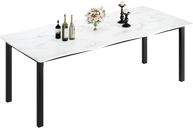 70.9”Dining Table with Wave Irregular Edge, 15mm Thick MDF Top & Metal Frame, for Kitchen, Quick Assembly, Wooden Kitchen Table for 6-8, Waterproof Scratch-Resistant, Marble