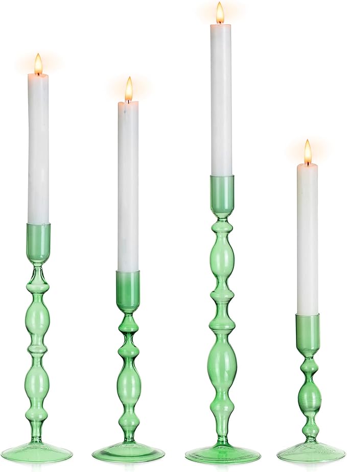 Glasseam Green Glass Candle Holder: Tapered Candlestick Holders Set of 4 Modern Candle Stick Holders for Taper Candlesticks Tall Decorative Candle Holders for Centerpiece Dining Table Christmas Party