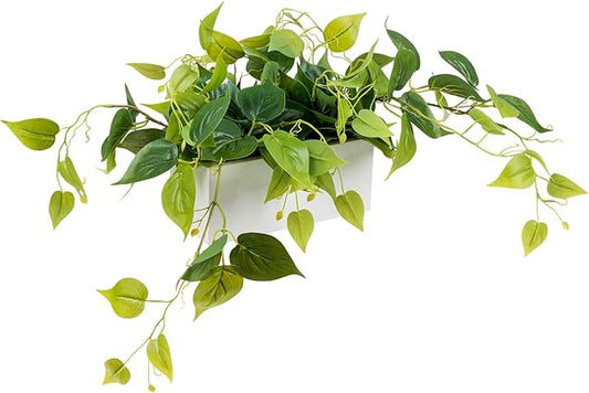MyGift Vibrant Lifelike Artificial Plant Pothos Leafy Vine Greenery in White Concrete Rectangular Planter Box