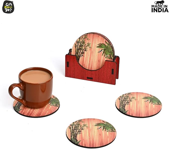 GKD Wooden Coasters for Drinks, MDF Wooden Coasters Set of 6 with Holder, 3.5 inches Eco-Friendly Absorbent Coaster for Coffee Table, Office, Bar, Drinking Glasses, Tabletop Protection