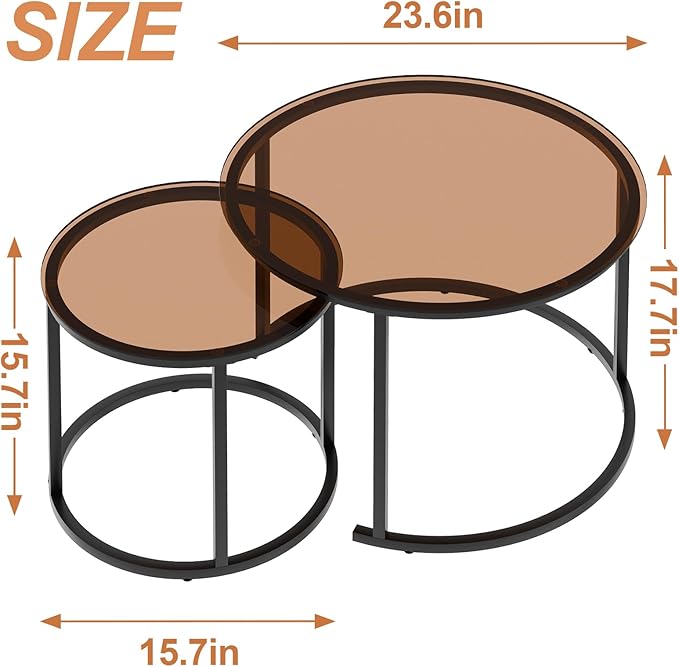 aboxoo Nesting Coffee Table Set of 2, Small Round Glass Nesting Tables for Living Room Bedroom, Accent Tea Table with Metal Frame Modern Industrial Simple