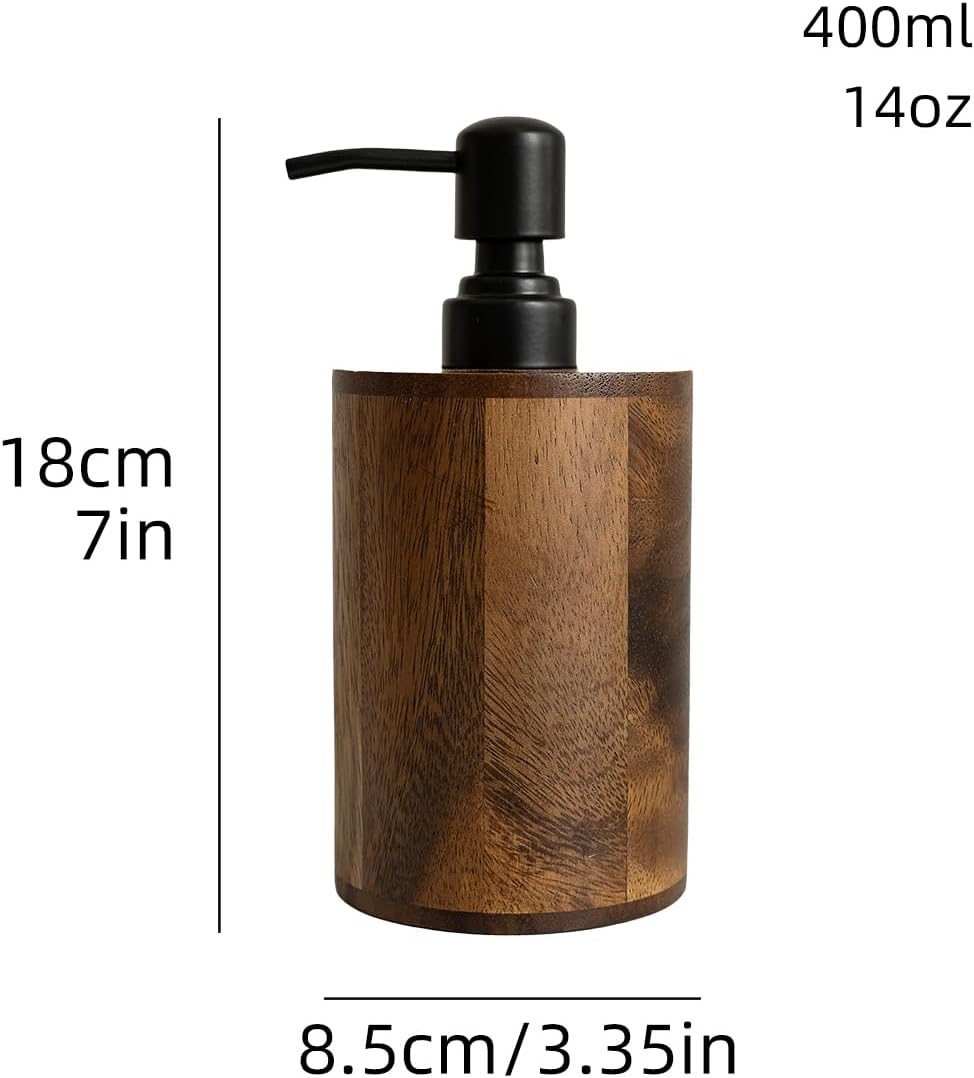 Walnut Wood Soap Dispenser, 14oz/400ml Round Cylinder Hand Soap Dispenser for Bathroom, Kitchen, with Pump Head, Funnel & Labels, Bathroom Countertop Soap Dispensers