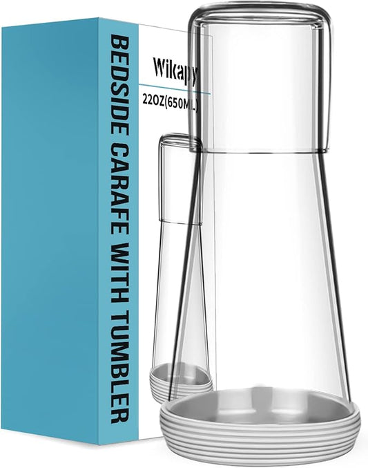 Bedside Night Water Carafe Set with Tumbler Glass, Clear Nightstand Carafe with Silicone Coaster for Bedroom and Guest Room, Glass Mouthwash Decanter for Bathroom (22 OZ)