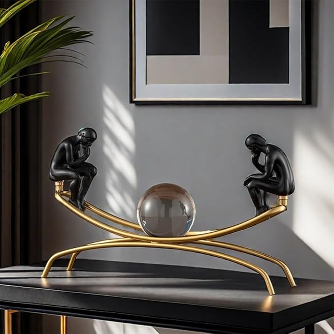 FUNSXBUG The Thinker Statue Thinking Man Statues with Crystal Ball Sculptures Collectible Figurine Home Decor Living Room Decoration Black