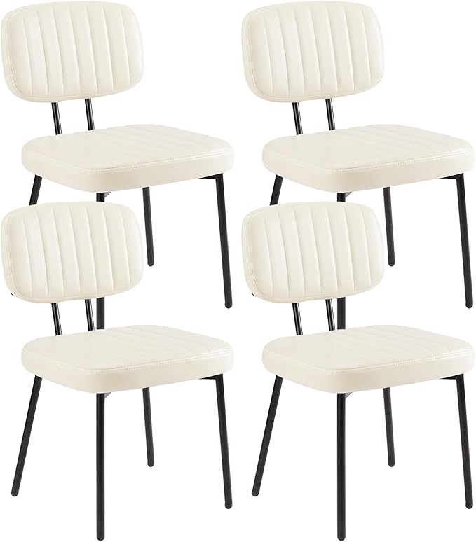 DUMOS Dining Chairs Set of 4, Upholstered Mid-Century PU Leather Accent Chair with Backrest and Metal Legs for Kitchen, Living Room, White