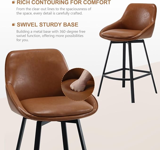Zesthouse Swivel Counter Height Stools Set of 3, Modern Upholstered Barstools with Backs, 26'' Faux Leather High Chairs for Island Kitchen, Counter Height Chairs with Metal Legs, Brown