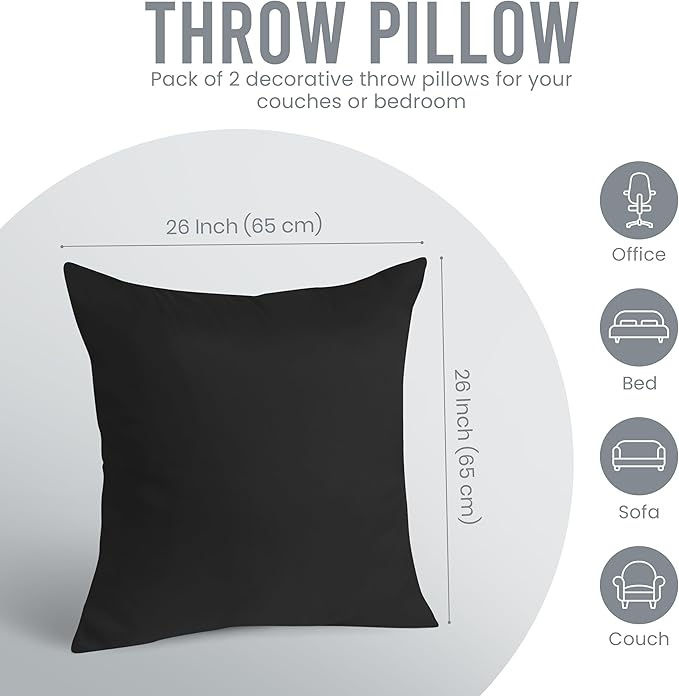 Utopia Bedding Throw Pillows Insert (Pack of 2, Black) - 26 x 26 Inches Bed and Couch Pillows - Indoor Decorative Pillow