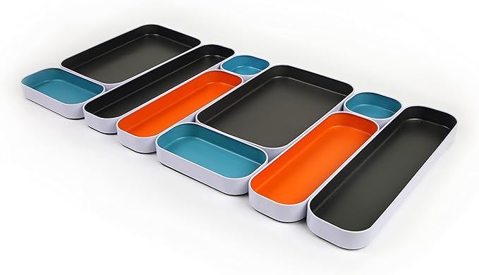 Three by Three Seattle 10 Piece Metal Organizer Tray Set for Storing Makeup, Stationery, Utensils, and More in Office Desk, Kitchen and Bathroom Drawers (1 Inch, Gray, Sky Blue, Orange)