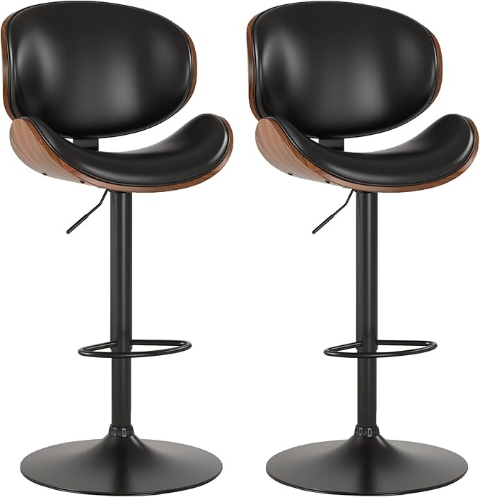 KCC Bar Stools Set of 2, Swivel Adjustable Height Barstools, PU Leather Upholstered Bar Chairs with Footrest, Bentwood Bar Stool for Kitchen, Bar, Dining Room(Black PU)
