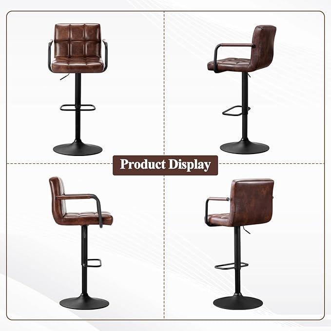 Furniliving Bar Stools Set of 2 with Back, Modern Square PU Leather Kitchen Stools with Armrest, Adjustable Counter Height Barstools for Kitchen Bar Pub Cafe (Darkbrown)