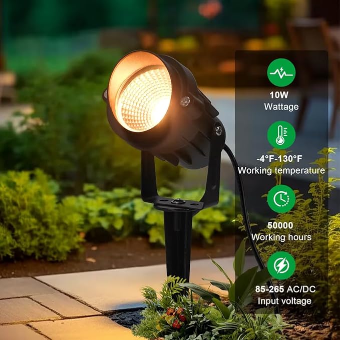 Outdoor Landscape Lights 10W Outdoor Lighting 3000K Warm Light with Stand & COB Led Spotlights for Yard Lawn Flag, 1000LM Waterproof Landscape Lighting 5.9 FT Plug Cord