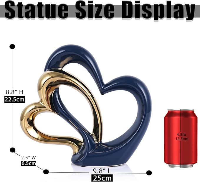 Ceramic Heart Decor Love Statue, Navy Blue Gold Double Hearts Sculptures for Home Table Centerpiece Decor, Valentine, Wedding, Decorative Items for Shelves, Coffee Table Decor (Double Heart)
