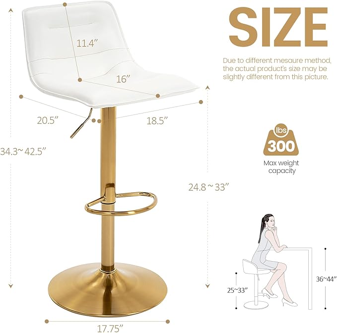 Brage Living Adjustable Bar Stools Set of 2, Modern PU Leather Swivel Counter Height Barstools with Back, Armless Airlift Curved Bar Chairs for Kitchen Dining Cafe (Pearl White, Gold Base)