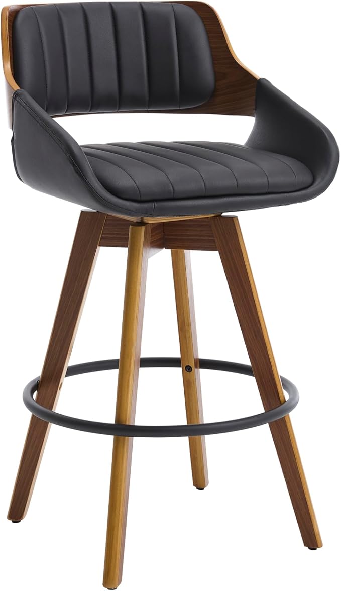 Swivel Bar Stools Set of 2, Walnut Counter Height Bar Stools with Back and Arms, 26" Modern Faux Leather Upholstered Bar Chairs for Kitchen Island Bar-Black