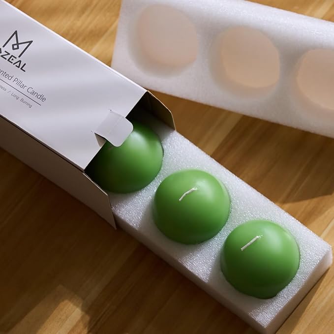 MOZEAL Hand-Poured, 3 Inch Green Round Ball Candles - Elegant Green Round Pillar Candles Set of 3, Dripless, Unscented, Smokeless, Ideal for Spring Celebrations.