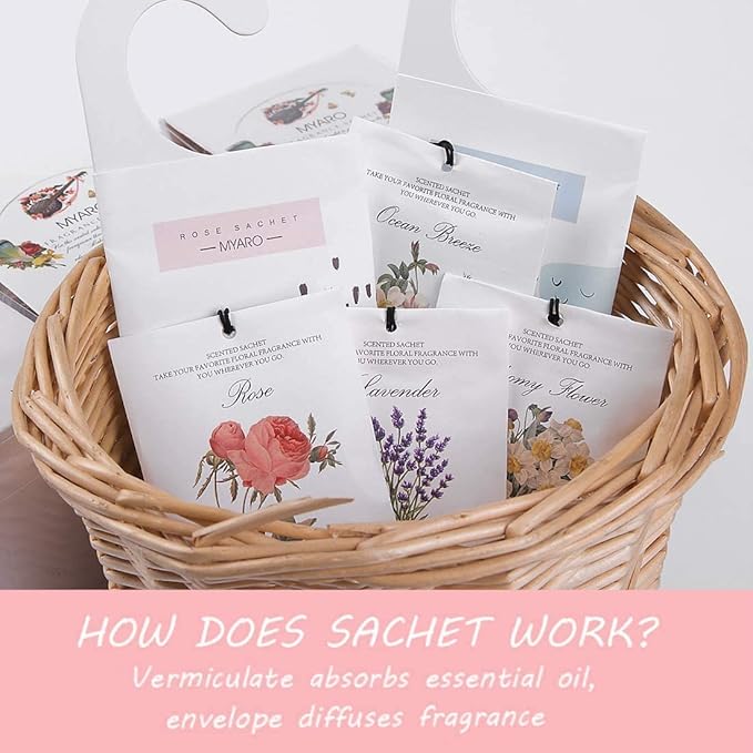MYARO 12 Packs Scented Sachets for Drawer and Closet, Long-Lasting Sachets Bags Home Fragrance 6 Scents Option- Lavender, Rose, Jasmine, Ocean, Gardenia, Lily