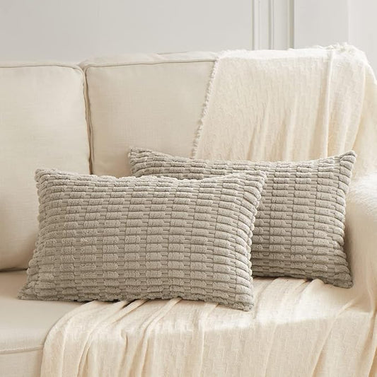 Fancy Homi 2 Packs Taupe Lumbar Decorative Throw Pillow Covers 12x24 Inch for Living Room Couch Bed Sofa, Rustic Farmhouse Boho Home Decor, Soft Striped Corduroy Rectangle Cushion Case 30x60 cm
