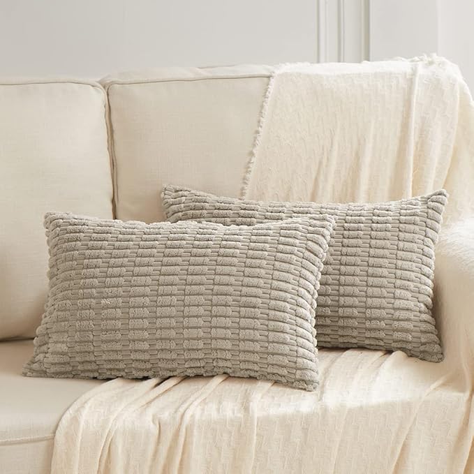 Fancy Homi 4 Packs Taupe Decorative Throw Pillow Covers 12x20 Inch for Living Room Couch Bed, Rustic Modern Farmhouse Boho Home Decor, Soft Plush Corduroy Cute Square Accent Cushion Case 30x50 cm