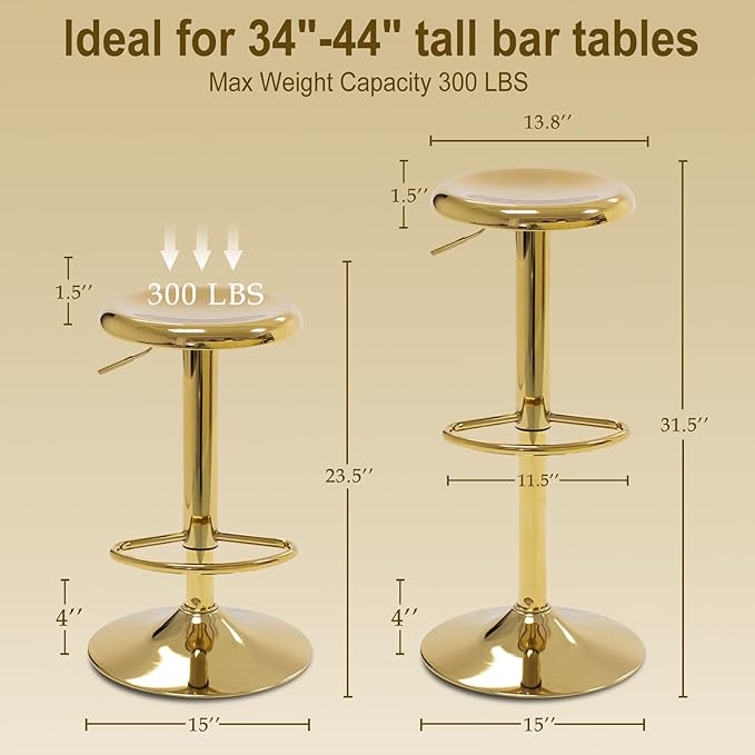Bar Stools - 2 Pack, Adjustable Swivel Height Counter Bar Stool, Modern Metal Barstools, Backless Barstool for Bar, Kitchen Island, Pub, Gold