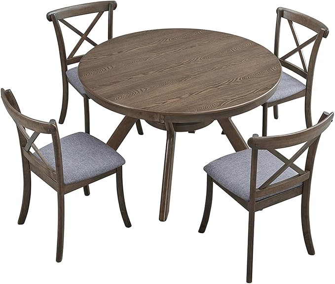 NicBex 47.24" Rubber Wood Round Dining Table for 4-6 People, Mid-Century Kitchen and Dining Table with Wooden Trestle Base, Rustic Brown Solid Wood and MDF Table for Dining Room or Living Room Oak