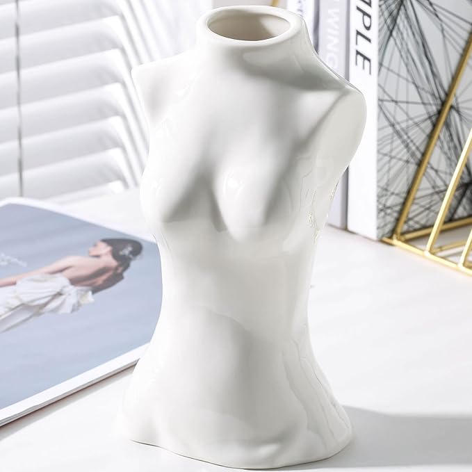 hjn Female Body Vase- Flower Vase fo Decor, White Ceramic Vase for Flowers,Morden Art Vase Woman Shape Vase for Living Room/Home Decor Accents/Bookshelf/Mantel-White