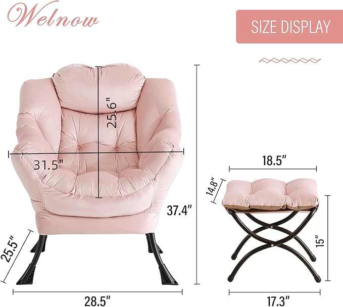 Welnow Lazy Chair with Ottoman, Modern Lounge Accent Chair with Armrests and a Side Pocket, Leisure Sofa Armchair, Reading Armchair with Footrest for Small Space, Pink