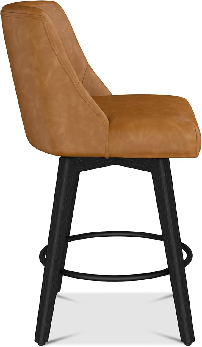 Counter Height Bar Stools Set of 8, Modern Swivel Barstools with Back and Wood Legs, Faux Leather Upholstered Bar Chairs, 26" H Kitchen Counter Stools, Kitchen Island Home Bar, Whisky Brown