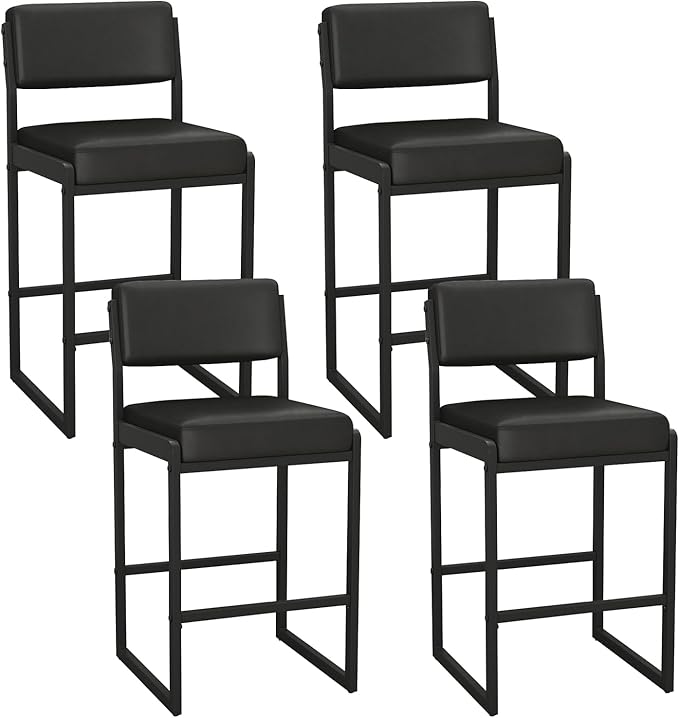 Mid Century Modern Counter Height Bar Stools Set of 3, 26" Bar Height Chairs with Backs, Upholstered Counter Stools, Metal Barstools for Kitchen Island (Black- Faux Leather, 26"H - Set of 4)