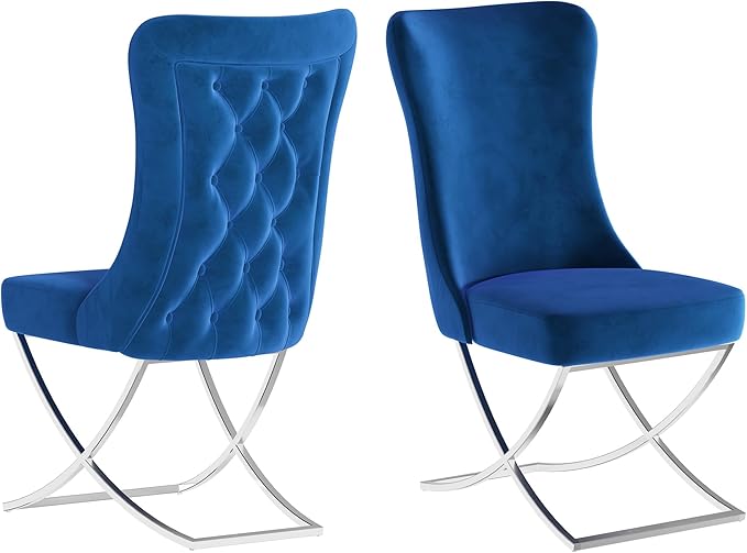 Ottomanson Royal Dining Chairs Set of 8 – Upholstered Tufted Microfiber, Assembled, Silver Metal Legs, Beech Wood Frame, 350 lb Capacity, Blue