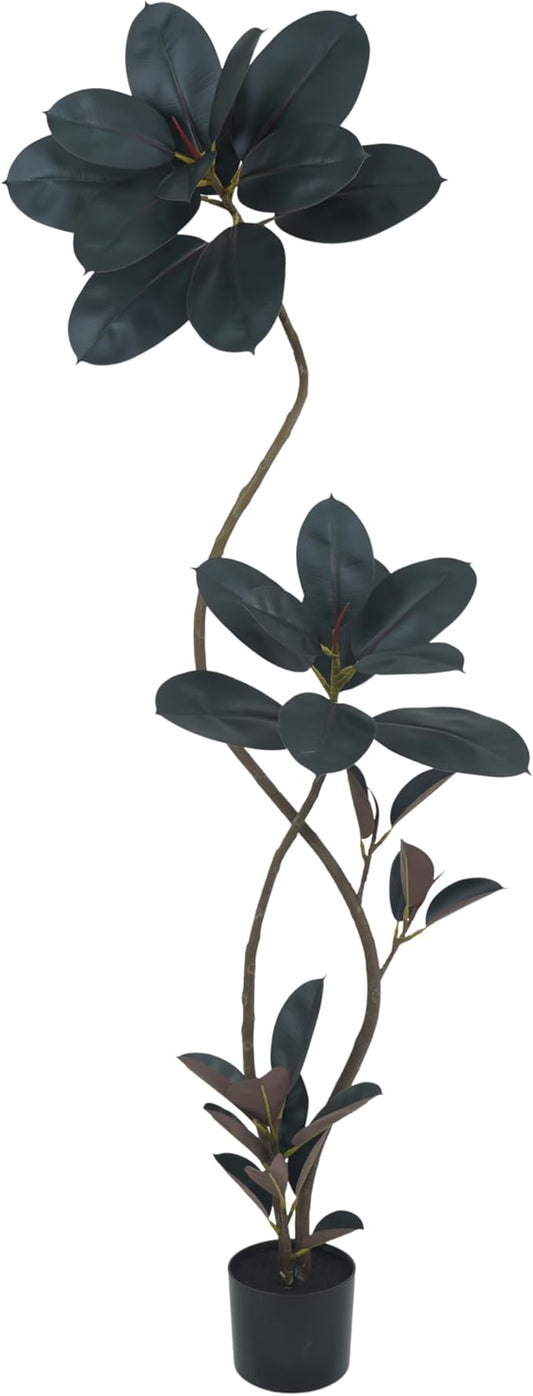 Artificial Rubber Tree Plant, 72 Inch Indoor Tree, Green with Round Planter, All Season Home Decor (Black, 6ft)