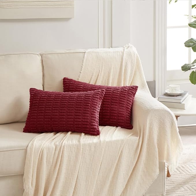 Fancy Homi 2 Packs Wine Red Christmas Lumbar Decorative Throw Pillow Covers 12x24 Inch for Living Room Couch Bedroom, Farmhouse Boho Home Decor, Soft Corduroy Burgundy Rectangle Cushion Case 30x60 cm