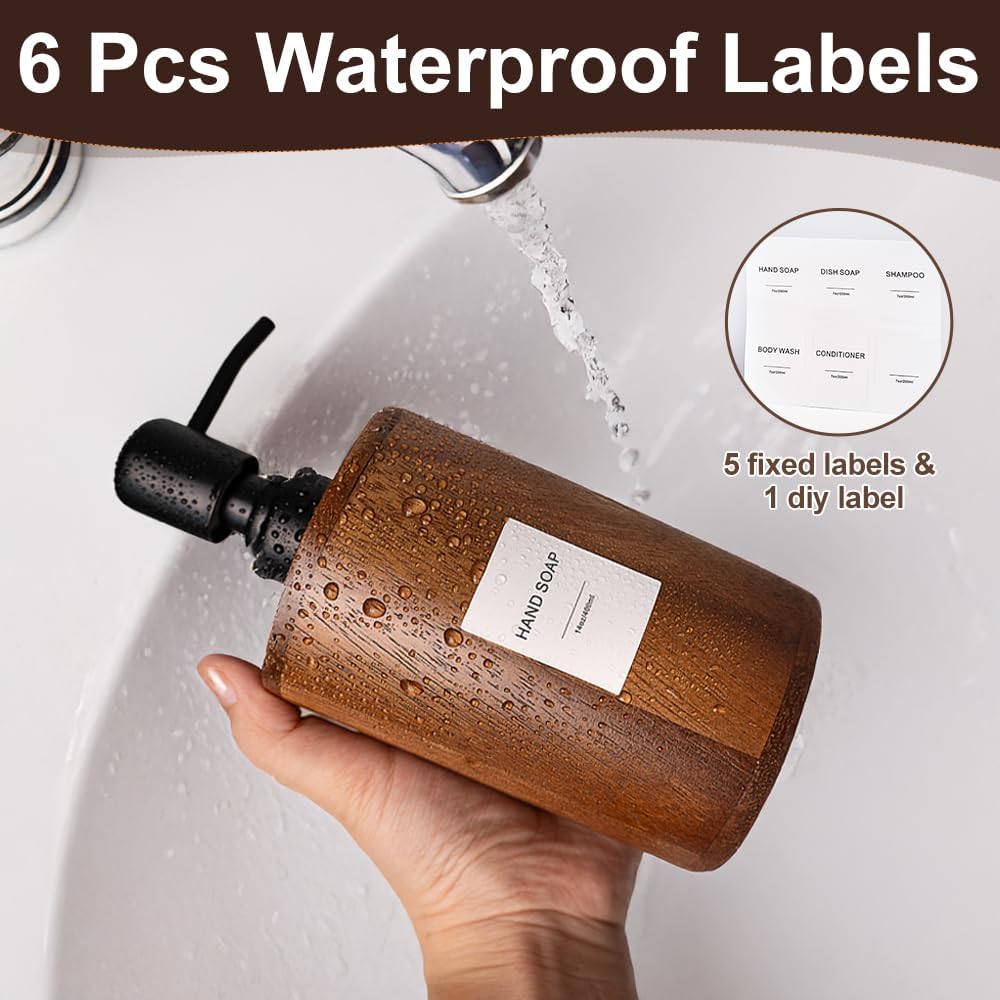Walnut Wood Soap Dispenser, 14oz/400ml Round Cylinder Hand Soap Dispenser for Bathroom, Kitchen, with Pump Head, Funnel & Labels, Bathroom Countertop Soap Dispensers