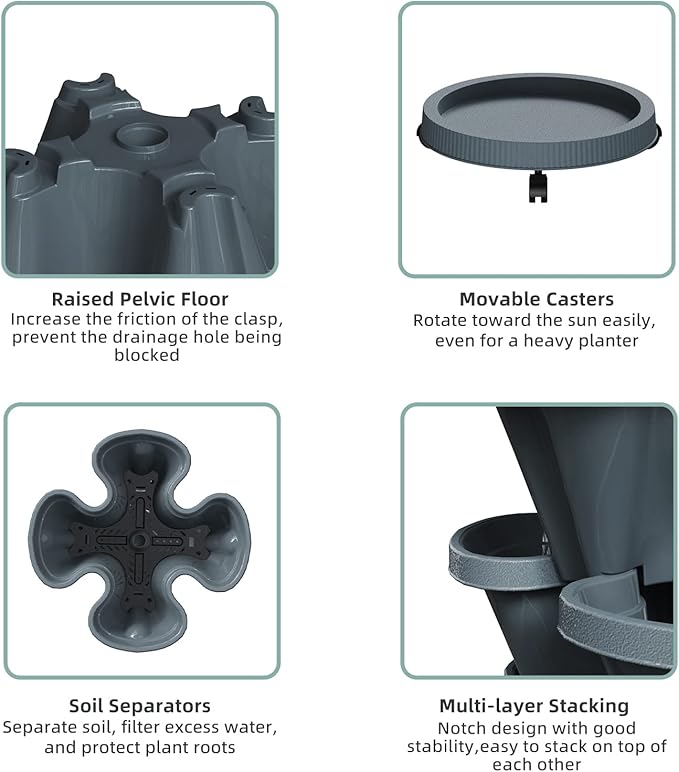 7 Tiered Strawberry Vertical Planters Tower Garden 2 Pack, Stacking Herb Vegetable Planter with Support Pole Indoor and Outdoor - Dark Grey