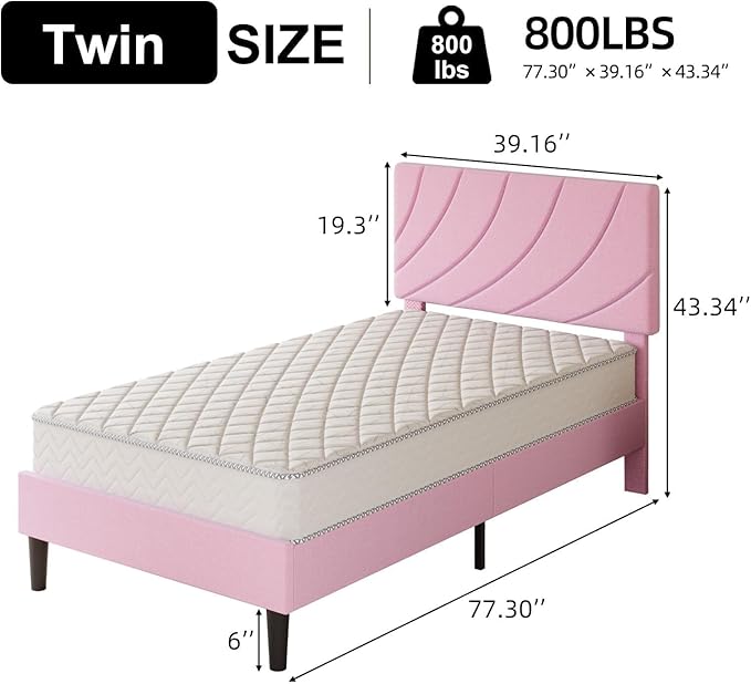 HOMBCK Twin Bed Frames for Kids, Bed Frame Twin with Linen Fabric Upholstered Headboard and Wooden Slats Support,Adiustable Headboard, No Box Spring Needed, Noise-Free, Easy Assembly, Pink
