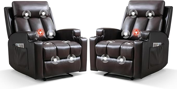 Phoenix Home Manual Recliner Chair Set of 2 with Massage and Heat, Ergonomic Overstuffed Faux Leather Recliner Single Sofa with 2 Cup Holders, Living Room Lounge Recliners on Clearance, Brown