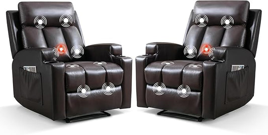 Phoenix Home Manual Recliner Chair Set of 2 with Massage and Heat, Ergonomic Overstuffed Faux Leather Recliner Single Sofa with 2 Cup Holders, Living Room Lounge Recliners on Clearance, Brown