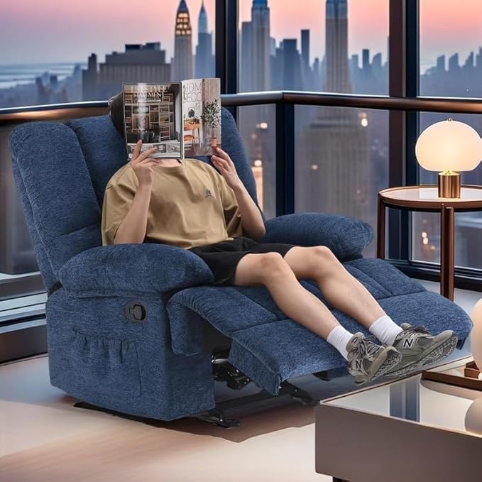 Oversized Rocker Recliner Chair, Wide Rocker Chair with Adjustable Backrest Footrest, Oversized Recliner for Adults, Reclining Sofa for Living Room, Navy