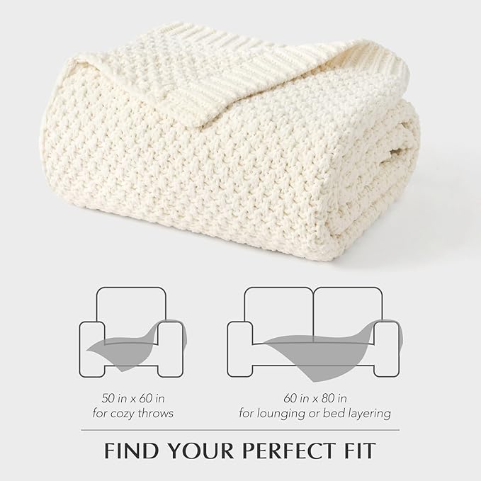 EVERGRACEHOME Chunky Chenille Knit Throw Blanket for Couch, Soft Luxurious Moss Stitch Blankets for Bed, Cozy Decorative Farmhouse Knitted Throws for Sofa, Ivory White, 60" x 80"