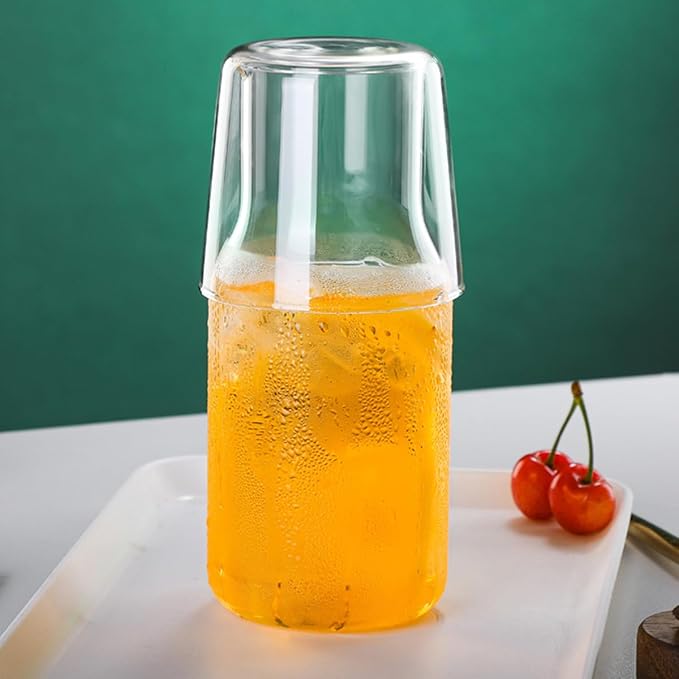 500ml/17oz Bedside Water Carafe Set with Tumbler Glass Set for Bedroom Nightstand, Clear Glass Water Mouthwash Dispenser for Bathroom, Household Juice Water Pitcher, Water Bottle with Lid