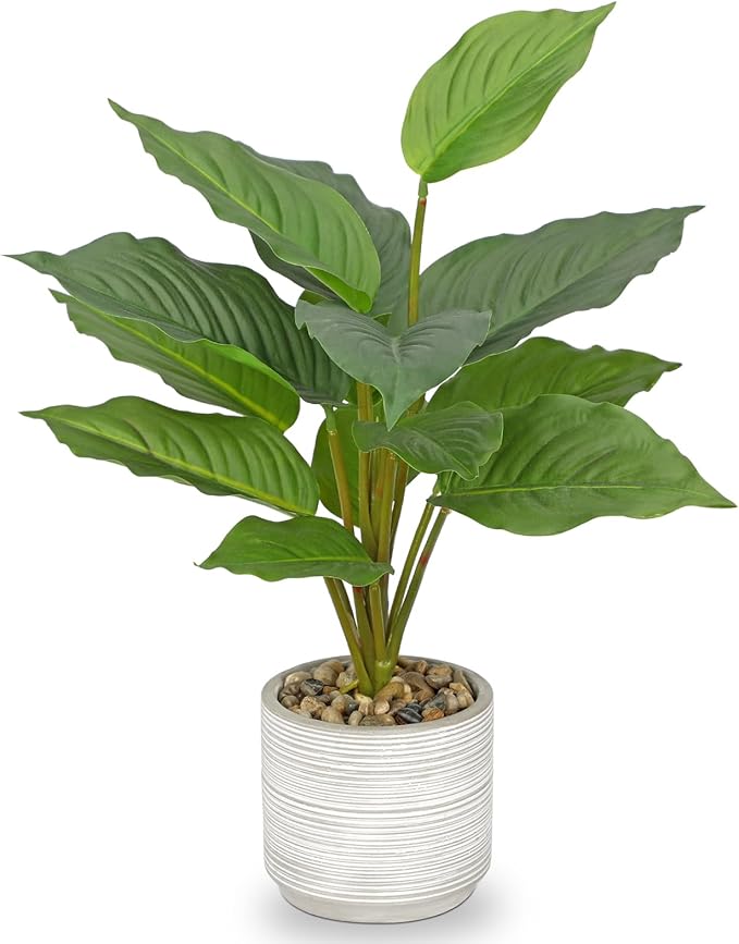 Small Fake Plants Indoor 14.5 Inch Potted Plant Artificial Decor 12 Leaves Faux Plant with Cement Pot Silk House Plants for Home Office Bathroom Kitchen Farmhouse Table Centerpieces Shelf Decor