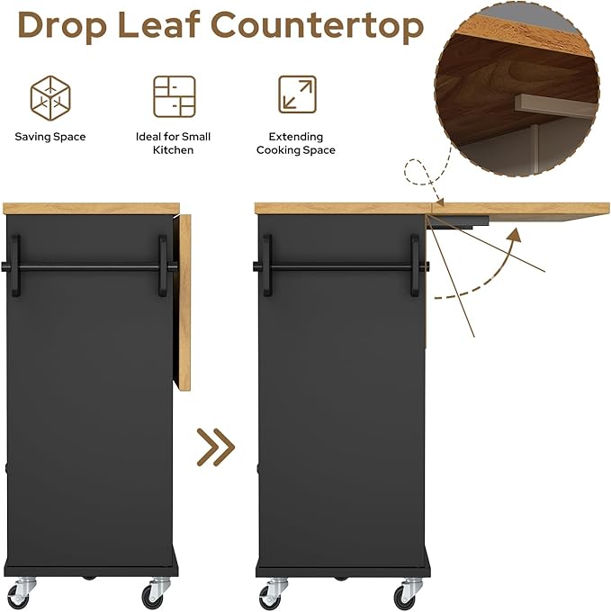 Rolling Kitchen Island with Storage Cabinet, 41.3'' Width Kitchen Cart with Desktop Drop Leaf Countertop, Portable Mobile Kitchen Island with Towel Rack, Spice Rack Shelf and Lockable Wheels, Black