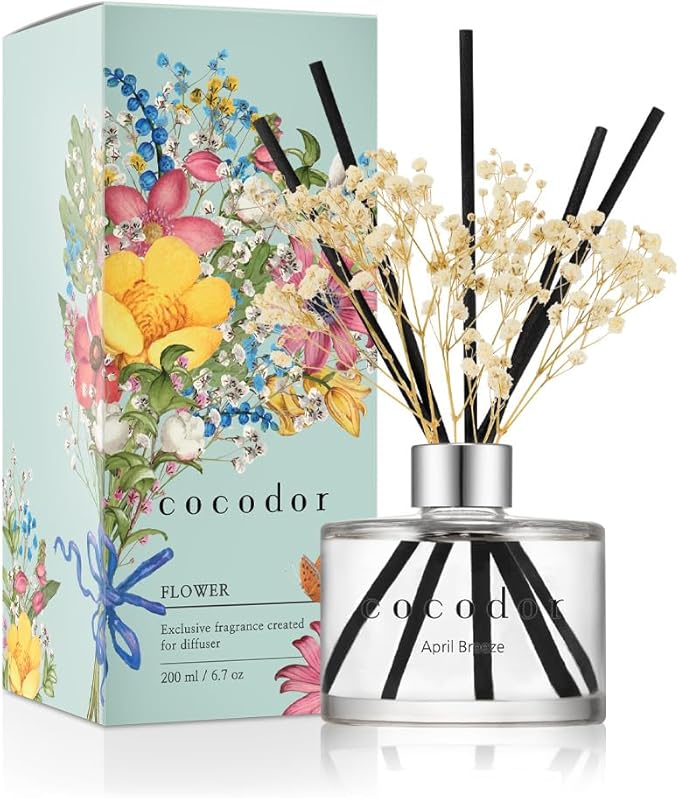 COCODOR Reed Diffuser Set with Preserved Baby's Breath with Sticks/April Breeze / 6.7oz / Scent Fragrance Oil Diffuser for Bedroom Bathroom Home Décor