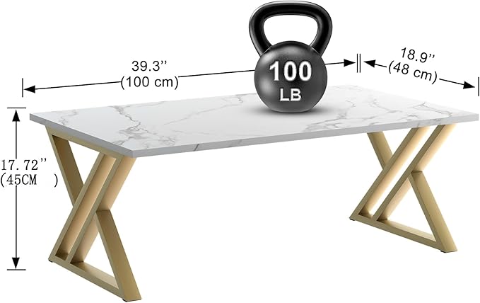Coffee Table Living Room Table White Center Table, Simple Modern Faux Marble Rectangular Tea Tables with Sturdy Gold Metal Frame,Industrial Wooden Coffee Table for Bedroom Home Office