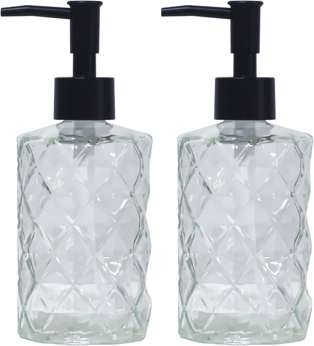 Crystal Clear Glass Soap Dispenser with Black Pump, 2 Pack 12oz Diamond Hand Dispenser, Refillable Lotion Dispenser & Dish Soap Dispenser, Bathroom Soap Dispenser for Liquid, Shower Gel