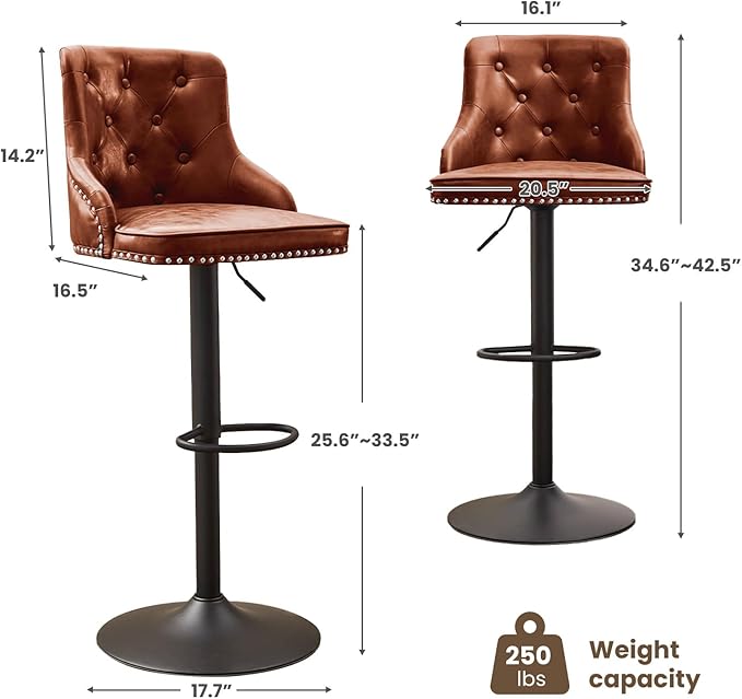 Modern Counter Stools Set of 2, Swivel Counter Height Bar Stools with Back and Armrests, 25'' to 33'' Adjustable Height PU Leather Bar Chairs with Rivets for Kitchen Island, Reddish Brown