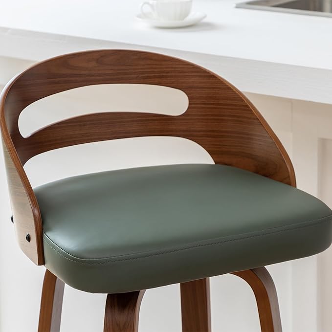 Bar Stools Set of 2, Swivel Bar Stools with Walnut Craftsmanship, Bentwood Curved Back, Upholstered Faux Leather, Soft Cushion Seat, Mid Century BarStools for Bar/Pub/Cafe (Green, 30" Seat Height)