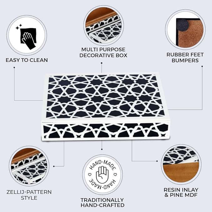 Handicrafts Home Handmade Zellij Collection Decorative Jewelry Box Organizer – Keepsakes, Trinkets, and Home Decor – Antique Coffee Table Storage, Wedding Memory Box, Farmhouse Style Decor, 8x6x1.5