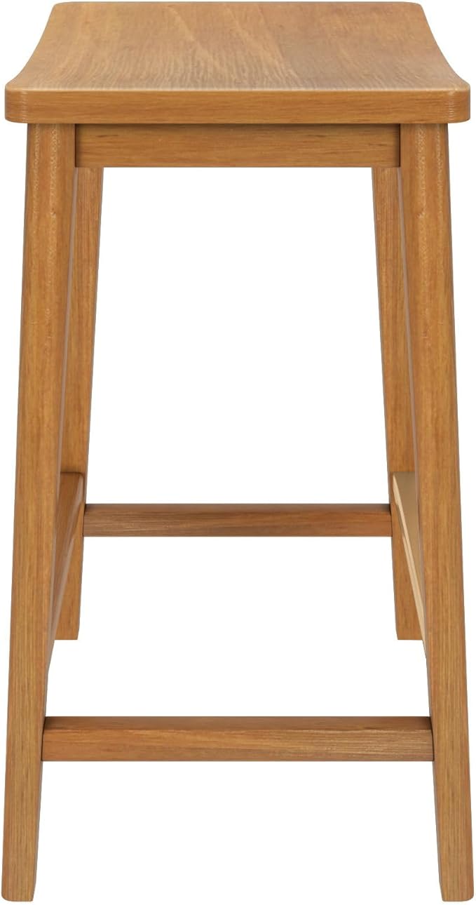 Plank+Beam Smythe Counter Stool, 24", Set of 4, Sturdy Wood Modern Kitchen Counter Height Stool, Saddle Seat Backless Counter Chair, Metal Footrest, Pecan