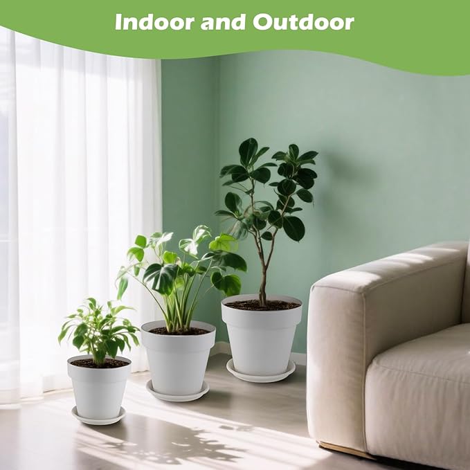 3-Pack 8/9/10 Inch Plastic Plant Pots with Saucers – Durable BPA-Free Planters with 21 Drainage Holes, Raised Bottom Breath and Bottom Watering Design for Indoor & Outdoor – White