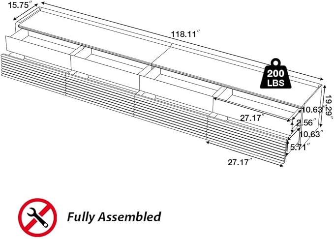 POVISON Fully-Assembled Mid Century Modern TV Stand, 118.11" Wood Media Console with Adjustable LED Light, Entertainment Center with Storage for Living Room